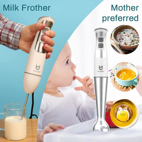 Immersion Hand Blender 3-in-1, 8-Speed Stick Blender with Milk Frother and Egg Whisk, handheld blending milk next to child