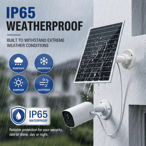 Heavy Duty 8W Solar Panel For Outdoor Security Cameras Waterproof portable charger mounted on wall, with rain protection features.
