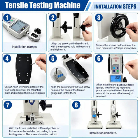 Digital Force Tester For Tension And Compression Testing Boasting Rock Solid Heavy Duty Design, detailed installation steps shown.