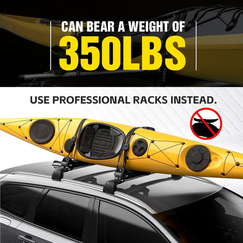 Heavy Duty 300 Pound Universal Roof Rack Cross Bars carrying a yellow kayak, 350 lbs weight limit, showcasing adjustable mounts.