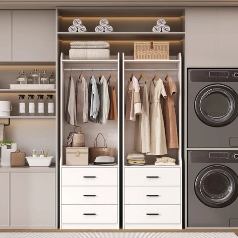 Spacious White Wardrobe Closet System With Three Deep Drawers And A Sturdy Hanging Rod To Keep Your Fits Shirts And Jeans Square While Giving Your Room A Clean Vibe And Making Daily Storage Super Easy Without Any Sweat, featuring clothes on hangers and drawer storage.
