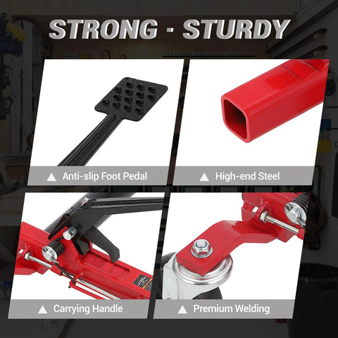 Hella Tough 1500 Lbs Car Wheel Dolly Set Crafted From Rust Proof Steel With Smooth Twin Rollers And Reliable Foot Pedal Design For Local Auto Shop Repairs showing anti-slip foot pedal and high-end steel.