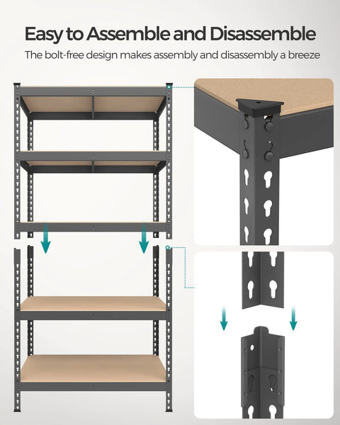 Hella Sturdy Five Tier Storage Shelves Heavy Duty Adjustable Metal Rack No Sweat Boltless Assembly showing easy assembly clip design.