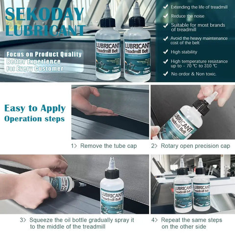 Steps to apply Silicone Treadmill Belt Lubricant Non Toxic Odorless High Performance with Precision Screw Cap and absorption cloths.
