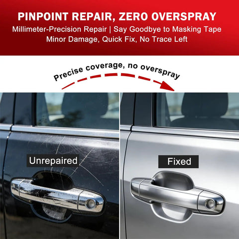 Comparison of car door handle before and after using Mini Hvlp Spray Gun With Dual Nozzles And Disposable Paint Cups Top Shelf Automotive Touch Up Sprayer.