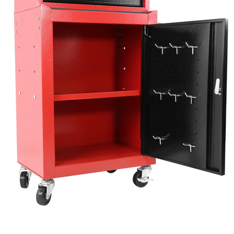 Heavy Duty Rolling Tool Chest With Sturdy Swivel Wheels And Three Smooth Drawers Plus Versatile Removable Top Box open showing interior shelves and hooks.
