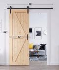 Rock Solid Spruce Sliding Barn Door 32 By 84 Inches displayed with hardware, in a modern living room setting.