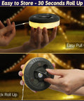 Hand holding Rechargeable Camping String Lights 32.8ft With 8 Lighting Modes showing compact rollable design against tent background.