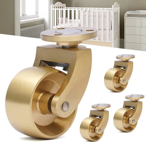 Heavy Duty Antique Brass Casters close-up with smooth glide wheels for furniture in a nursery setting.