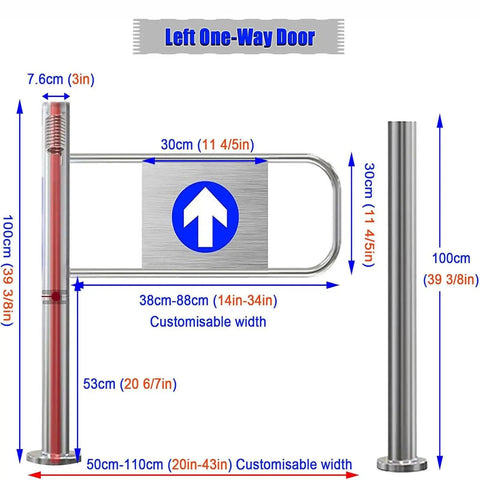 Real Deal Spring Loaded Swing Gate For Automatic Self Closing Security Fence With Solid Pole Bracket, left one-way door with dimensions.