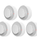 Five white Kickin Butt Fire Alarm Smoke Detectors With Smart Photoelectric Tech set for wall mount installation.