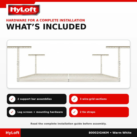 Keep That Garage Floor Clear Heavy Duty Overhead Storage Rack Adjustable Ceiling Mount 45 By 45 Inch Steel Hanging Shelf assembly hardware and components.