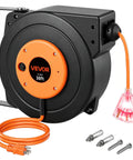 Heavy Duty 30 Ft Retractable Extension Cord Reel With Automatic Rewind And Triple Grounded Sockets, featuring orange cable and mounting screws.