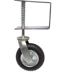Rock Solid 8 Inch Flat Free Gate Wheel With Spring Loaded Suspension Components and Sturdy Mounting Brackets for easy rolling on rough terrain.