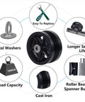 Tough As Nails Six Inch By Two Inch Cast Iron V Groove Caster Wheel Featuring Straight Roller Bearings And One Thousand Pound Load Limit, displaying components.