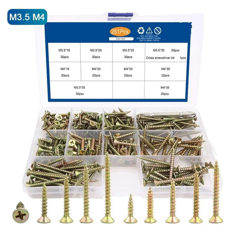 Flat Head Self Tapping Wood Screws Kit Zinc Plated M3.5 M4 251 Pieces Dual End Locking Thread