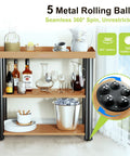 Bar cart with drinks on self-adhesive 360 degree swivel caster wheels for appliances and small furniture, close-up of 5-ball bearings.