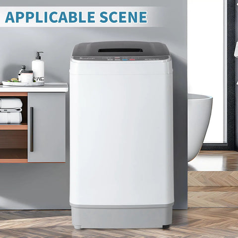 Fully Automatic Portable Washing Machine With Built In Drain Pump And Hands Free Spin Cycle in a compact laundry area.