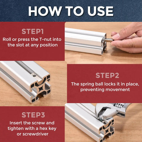 How to use 100 Piece Half Round Spring T Nuts M6 Metric Roll In T Bolt for 4040 Aluminum Extrusion Profile step by step.