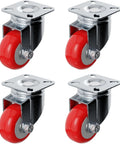 Four Pack 2 Inch Red Polyurethane Swivel Caster Wheels Square Plate Mount, heavy duty, non-braking design, smooth roll on hard surfaces.