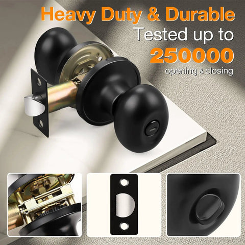 Slick Egg Style Privacy Knobs Keyless Interior Door Handles Matte Black Stainless Steel Finish with adjustable latch.