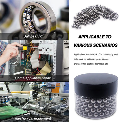 Top Notch Solid Steel Bearing Balls Quarter Inch 6.35mm G25 Precision Rounds in a container for mechanical equipment maintenance.