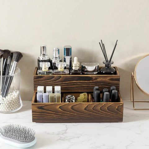 Stackable Rustic Burnt Solid Wood Vanity Organizer Trays 2 Piece Grab And Go Countertop Storage Caddy with cosmetics and brushes