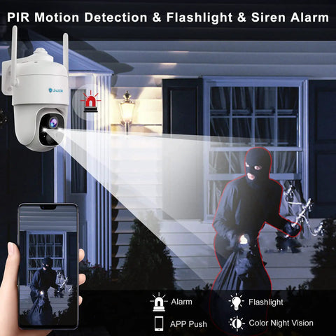 2K Solar Wireless Outdoor Security Camera With 360 Degree PTZ capturing intruder with flashlight and alert on phone app