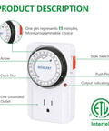 Straightforward Setup 24 Hour Mechanical Plug In Timer With Multiple On Off Cycles Heavy Duty 15 Amp Indoor Outlet Switch design features clock dial and slide switch.