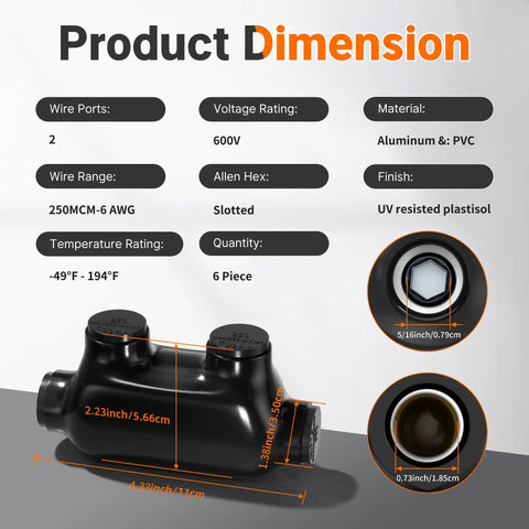 Heavy Duty Insulated Inline Splice Connector Kit For 250MCM To 6AWG Wire Aluminum To Copper Connectors diagram with dimensions