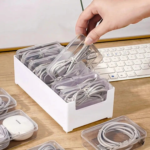 2 Pack Cable Organizer Box With 7 Clear Compartments for desk chargers and wire management, white finish, in use on desk
