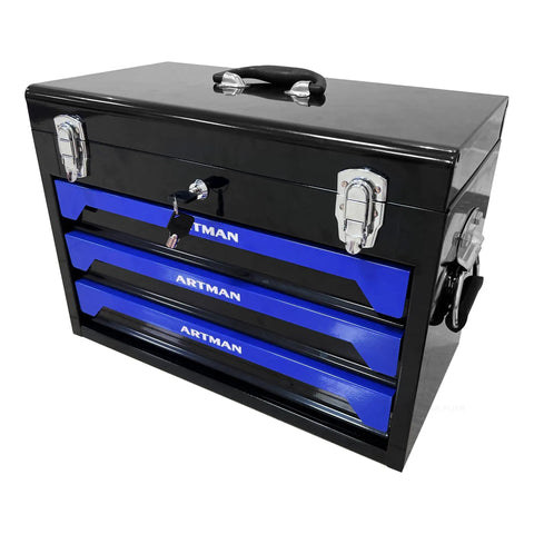 Rock Solid 20 Inch Portable Metal Toolbox With Triple Drawer Layout And Quick Access Top Tray, sleek design with blue drawers.