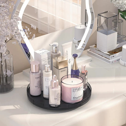 Rock Solid 12 Inch Black Oak Lazy Susan Turntable Tray with cosmetics and candle for vanity organization.
