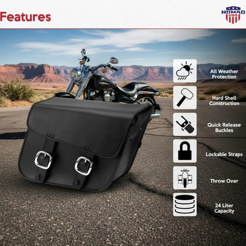 Universal Black Synthetic Leather Throw Over Motorcycle Saddlebags With Quick Release Buckles Waterproof Durable Panniers for Cruiser Touring Sport Chopper and Adventure Bikes next to motorcycle on desert road