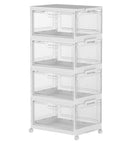 Hella Roomy 92 Quart Clear Plastic Storage Bins With Snap Lids, 4 Pack Stackable Tote Containers, vertically stacked with wheels.