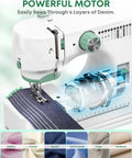 Solid Pick Portable Mini Sewing Machine For Beginners Featuring 12 Built In Stitches And Easy Hook Up Foot Pedal With A Complete 42 Piece Accessory Kit For Instant Quick Fixes And Chill Weekend Sewing Sessions showing sewing through denim.