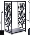 Compact Firewood Rack And Four Tool Set For Fireplace, Log Holder with brush, shovel, poker, tongs, decorative tree design