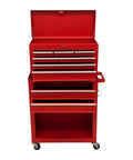 Hella Smooth Rolling 8 Drawer Tool Chest With Detachable Master Top Box And Cushioned Liners For Serious Gear Head Crew and Pro Mechanics Who Want Durable Shop Storage In Red, front view with drawers open.