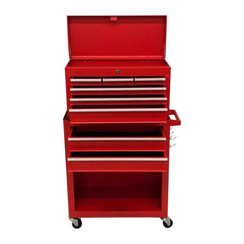 Hella Smooth Rolling 8 Drawer Tool Chest With Detachable Master Top Box And Cushioned Liners For Serious Gear Head Crew and Pro Mechanics Who Want Durable Shop Storage In Red, front view with drawers open.
