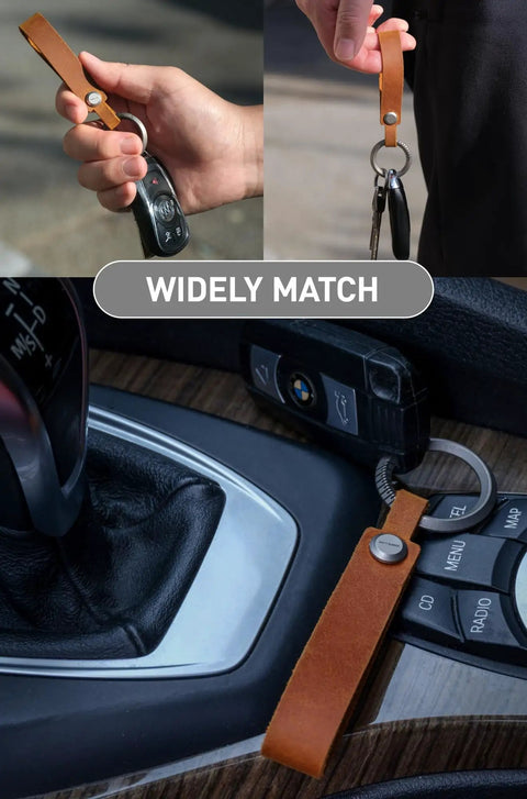 Top Shelf Crazy Horse Leather EDC Keychain Strap With Aerospace Titanium Key Ring For Car Keys held in hand and resting on console.