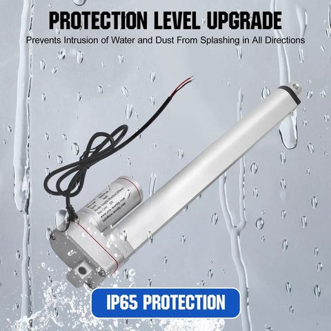 Tough As Nails 12V Linear Actuator 18 Inch Stroke 3000N with IP65 protection shown in wet conditions.