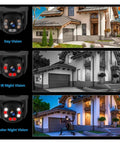 8CH POE Security Camera Surveillance NVR Kit With 6MP HD Dual Lens Outdoor IP Cameras Featuring Smart Human Detection showing day, IR, and color night vision views of a home.