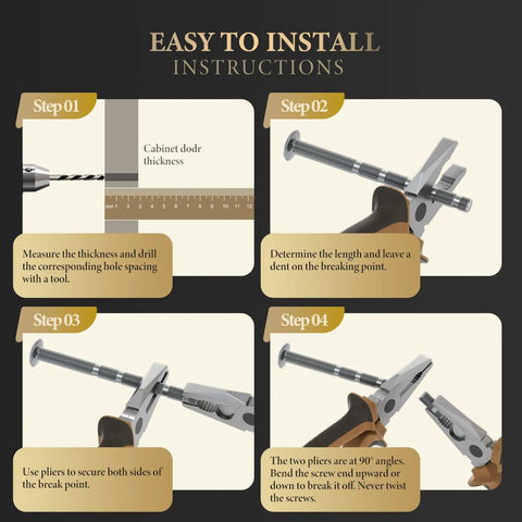 Easy to install instructions for Solid As Nails 5 Pack Square Cabinet Knobs Brushed Brass Finish, featuring four steps.