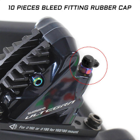 Close-up of hydraulic disc caliper with 10 Pack Bike Brake Bleeder Rubber Caps Dust Covers Bleed Screws Nipple Fittings installed.