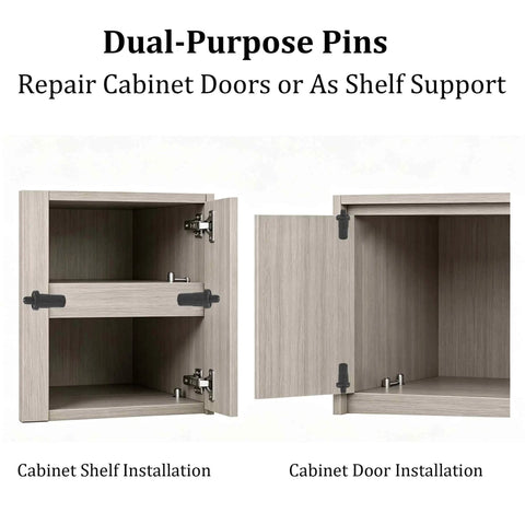 Built Tough Spring Loaded Cabinet Door Repair Pins With Iron Core, Black Plastic Damper Replacement Fittings For Telescopic Panels And Blinds, 24 Pack Quick No Sweat Furniture Fix Kit shown in cabinet installation.