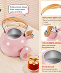 Pink Stainless Steel Tea Kettle For Stove Top 2.6 Qt Whistling Kettle With Wood Pattern Folding Handle And Thumb Control Spout