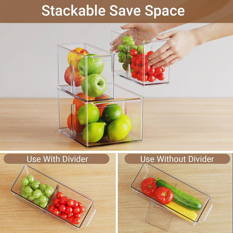 Clear Plastic Storage Bins With Dividers 3 Pack Acrylic Stackable Organizer Boxes For Fridge Pantry And Cabinets Two Narrow And One Wide See Through Design Durable No Brainer Storage For Easy Home Edit Organization.