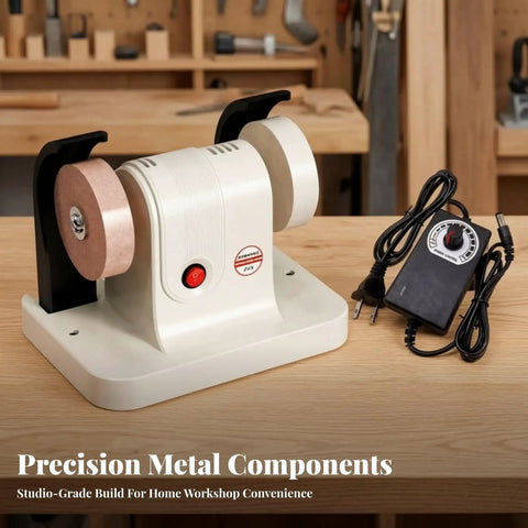 Compact Bench Grinder And Polishing Rig With Tough Copper Motor Desktop Buffing Machine For Quick Blade Care on a workbench.