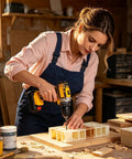 Woman using Heavy Duty 21V Cordless Drill And Driver Workhorse with Low Heat Copper Motor on wood project in workshop.