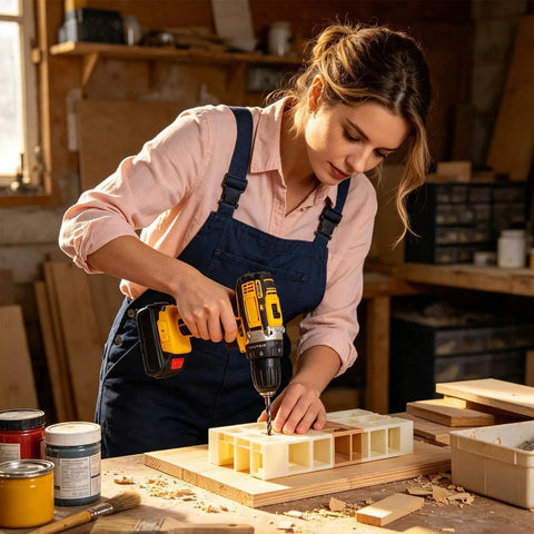 Woman using Heavy Duty 21V Cordless Drill And Driver Workhorse with Low Heat Copper Motor on wood project in workshop.